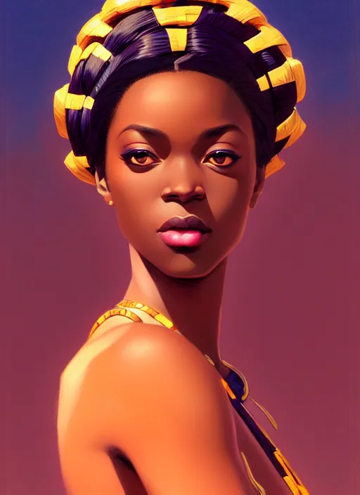 Image similar to a comic portrait of an african goddess, fine - face, realistic shaded perfect face, fine details. night setting. very anime style. realistic shaded lighting poster by ilya kuvshinov katsuhiro, magali villeneuve, artgerm, jeremy lipkin and michael garmash, rob rey and kentaro miura style, trending on art station