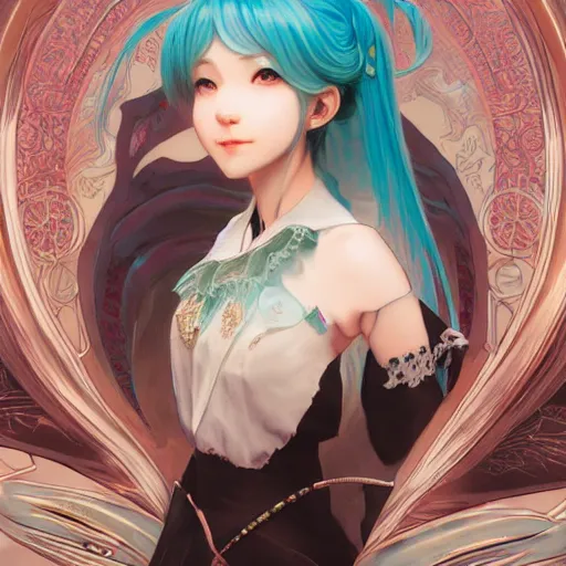 Image similar to portrait of hatsune miku, d & d, fantasy, intricate, elegant, highly detailed, digital painting, artstation, concept art, smooth, sharp focus, illustration, art by artgerm and greg rutkowski and alphonse mucha