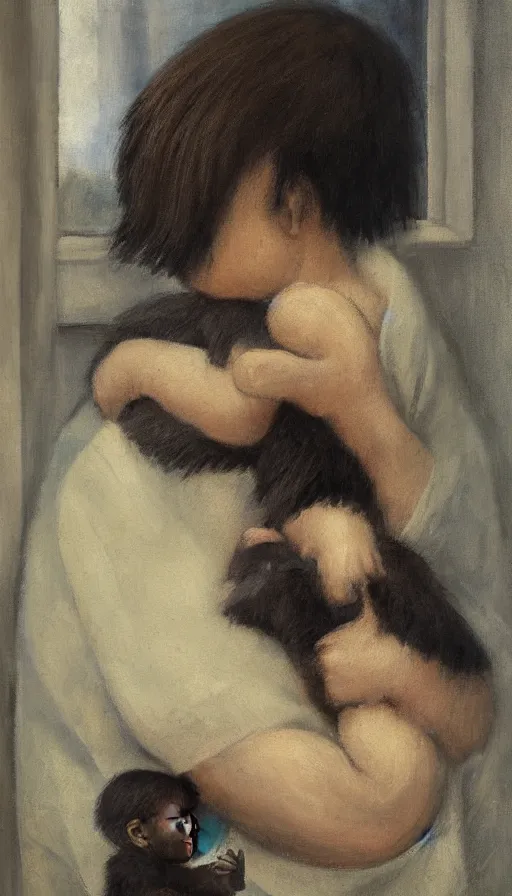 Image similar to still-life painting of a human-boy hugging a fuzzy baby-gorilla by the window, by Helene Schjerfbeck, in the style of 'Mother and Child 1886' by Helene Schjerfbeck. golden hour, dramatic lighting, volumetric lighting, intricately detailed, canvas print