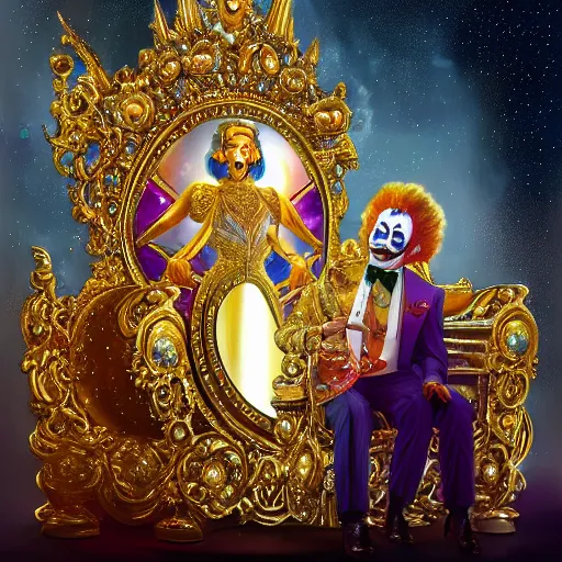 Prompt: shining giant throne made of millions of diamonds, gold and sapphires with thousands of light reflections, and a clown on a tuxedo suit is sitting on the throne while handing an earth globe, dramatic light, digital painting, ultradetailed, artstation, oil painting