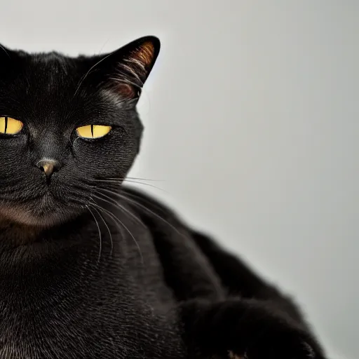 Prompt: national geographic photograph of a black american shorthair cat sitting in a white room