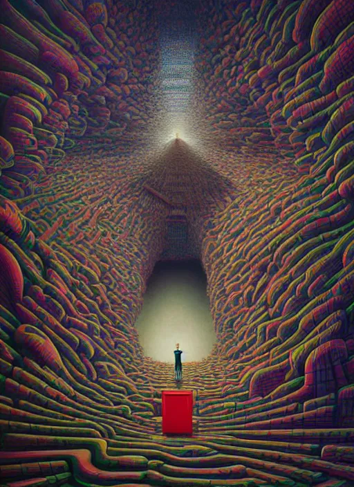 Image similar to hyper detailed 3d render like an Oil painting - Mark Zuckerberg lost in virtual reality by Jacek Yerka, Mariusz Lewandowski, Houdini algorithmic generative render, Abstract brush strokes, Masterpiece, Edward Hopper and James Gilleard, Zdzislaw Beksinski, Mark Ryden, Wolfgang Lettl, hints of Yayoi Kasuma, octane render, 8k