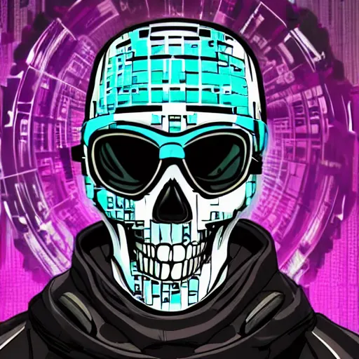 Image similar to a skull man wearing goggles with the words pixel spelt out above in a cyberpunk aesthetic