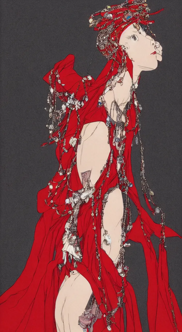 Prompt: a female character design wearing high fashion, beads hanging over her face like an alexander mcqueen headdress, haute couture, dior, and a red cape by kawase hasui, moebius, hd, 8 k, artstation, high quality, ultra detailed