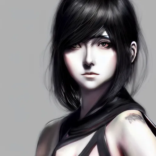 Prompt: heroine, beautiful, sui ishida with black hair, hyperrealistic, highly detailed, 8 k, a real photographic, digital art, character, realistic, portrait, female samurai, symatrical, dark atmospheric lighting, artstation, symetric, lineart