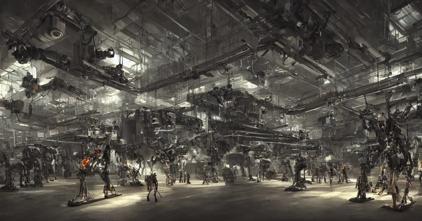 Prompt: Realistic concept art, digital art of a factory interior for mech robots production, full of various electronic and mechanical mech parts, weapons, devices and instruments, with hardware engineers and scientists walking around, spotlights from ceiling, incredible sharp details, light contrast, dark atmosphere, bright vivid colours, reflections, metal speculars, rendered in Redshift, Octane render