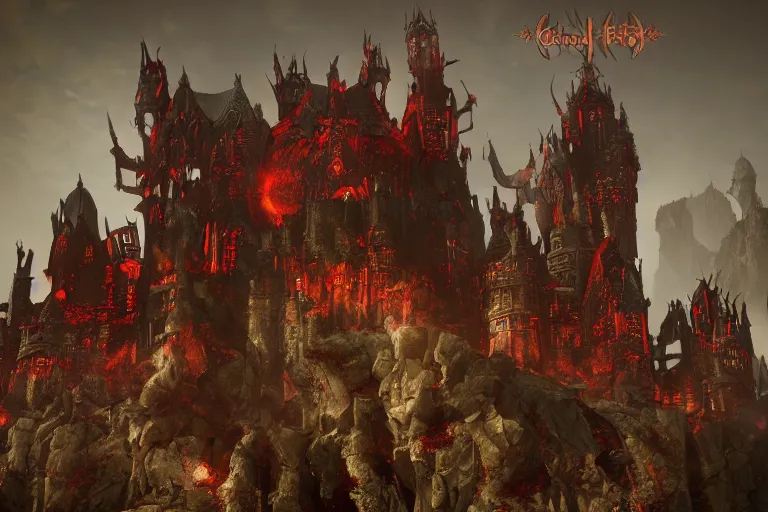 Image similar to big evil castle - city rock dark shadow elves, might and magic heroes vii, dark fantasy, shadows, artstation trending, unreal engine 5, red