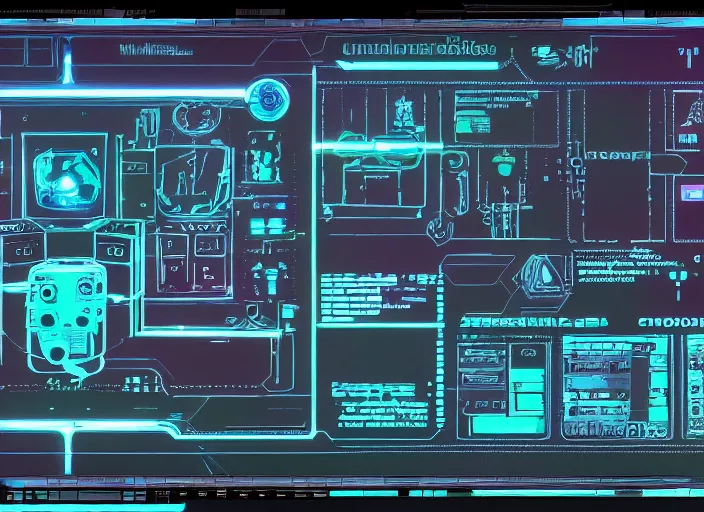 Prompt: simple cyberpunk graphics user interface ( gui ) depicting operational controls of a mech robot in the style of ghost in the shell. design by mark coleran or jayse hansen ( 1 9 9 1 )