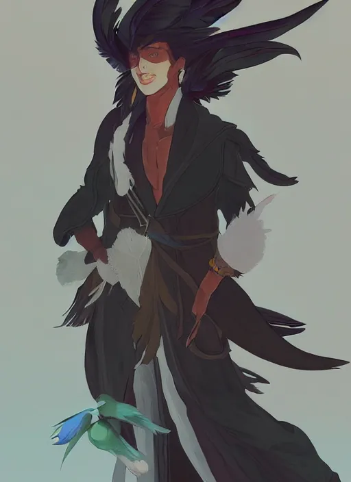 Prompt: concept art painting of an androgynous bird person with human face and black feathers, pirate clothes, detailed, cel shaded, in the style of makoto shinkai and james gurney and alphonse mucha and greg rutkowski and artgerm