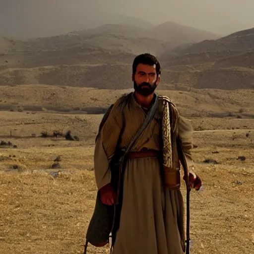 Image similar to Kurdish shepherd wearing Kurdish clothes in a movie directed by Christopher Nolan, movie still frame, promotional image, imax 70 mm footage