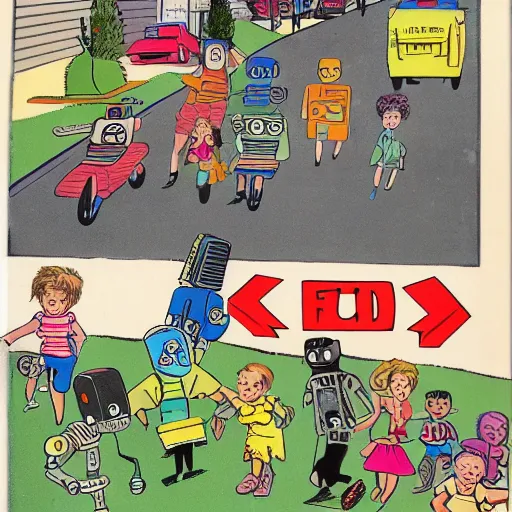 Image similar to in the style of 1960s, A scary robot is chasing after a bunch of scared kids down the street, fully detailed , fully detailed kids faces in focus