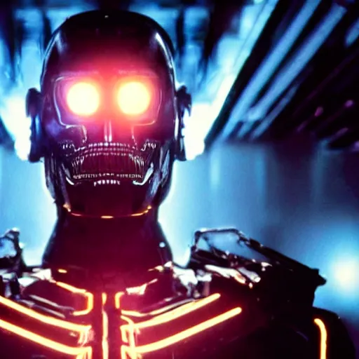 Image similar to movie still of a villain cyborg, facial expression, cinematic composition, cinematic light, surreal cinema, by edgar wright and david lynch,