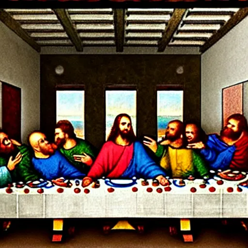 Prompt: the last supper but every person is wearing a hoodie