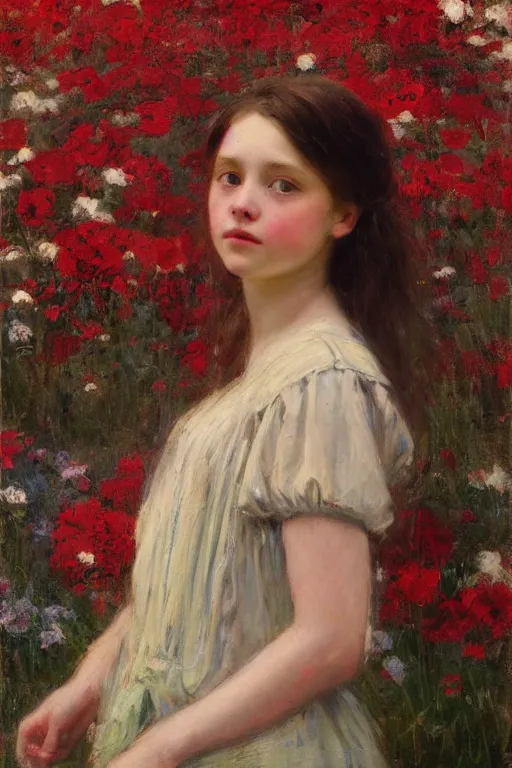 Image similar to Solomon Joseph Solomon and Richard Schmid and Jeremy Lipking victorian genre painting portrait painting of a beautiful young village girl in an open field of flowers, red background