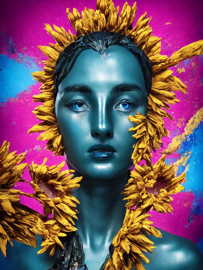 Prompt: symmetrical fractured dark obsidian greek statue of eastasian female beauty, yellow gemstones spikes, crystallic sunflowers, lightblue acrylic paintdrip and magenta tar, repaired with kintsugi, rendered in octane trending on cgsociety. extremely detailed and intricate art, corruption, sleek