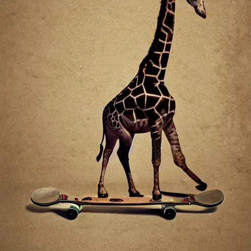 Prompt: a giraffe on a skateboard, high detail