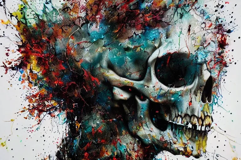 Prompt: a splattered action painting by jackson pollock showing a skull, ultradetailed, fine art painting, peter mohrbacher, moebius, skull carving, frottage, watercolor, acrylic, multilayered paint, spectacular splatter explosion, psychedelic art