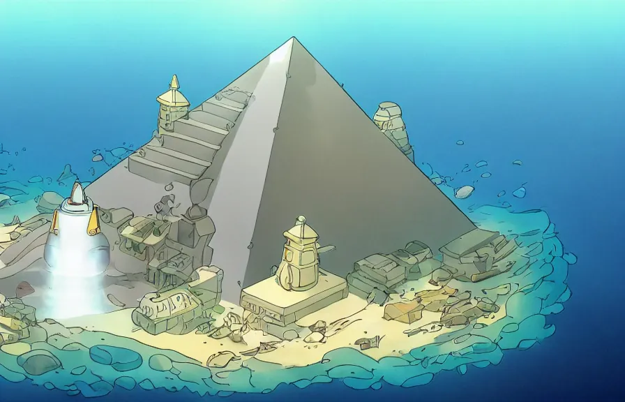 Image similar to a realistic studio ghibli cell shaded cartoon showing a submarine in front of a white pyramid with a gold capstone underwater at the bottom of the sea. shafts of sunlight come from above. wide shot, very dull muted colors, hd, 4 k, hq