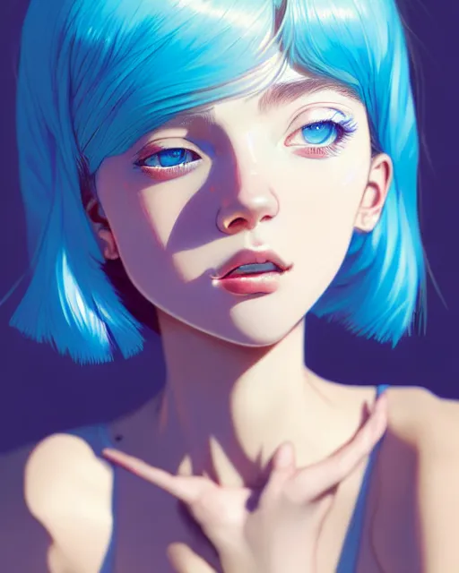 Image similar to detailed up close portrait of a beautiful blueheaded french girl in tshirt, stoned and happy, by saruei and guweiz and ilya kuvshinov and rockwell and warhol and range murata!!, magic art, sleek curves, ultra clear and sharp focus, trending on artstation hq, deviantart, pinterest, unreal engine 5, 4 k uhd image