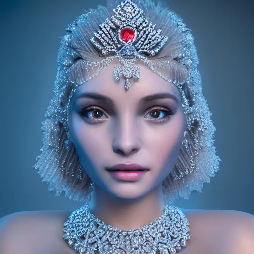 Image similar to portrait of wonderful princess of diamond with fair skin, ornate with diamonds, 8 k, gorgeous, intricate, detailed, glowing white accent lighting, dramatic lighting, octane render