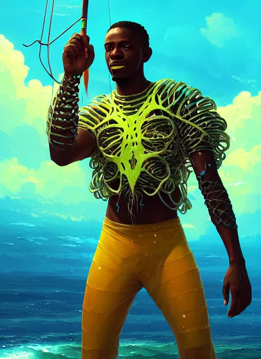 Image similar to portrait of a male jamaican fisherman sci - fi glowing fishing armor muscular caribbean intricate elegant highly detailed digital painting artstation concept art, ocean background, jamaican colors, cinematic, greg rutkowski, loish, rhads, ferdinand knab, makoto shinkai and lois van baarle, ilya kuvshinov, rossdraws, tom bagshaw