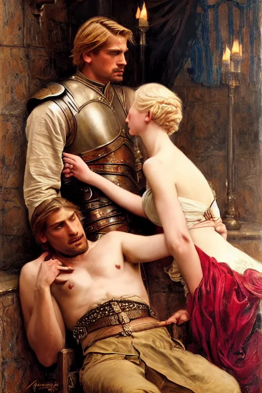 Image similar to attractive fully clothed young jaime lannister confesses his love for his attractive fully clothed brienne of tarth. highly detailed painting by gaston bussiere and j. c. leyendecker 8 k