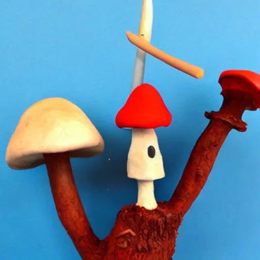 Image similar to a claymation mushroom holding a cardboard sword