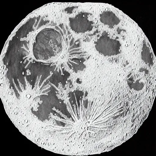 Image similar to a micron pen drawing of the moon, intricate