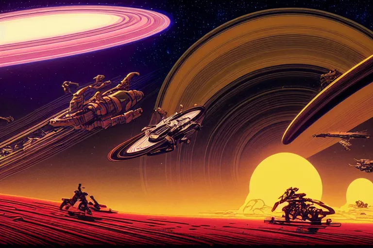 Image similar to artwork by kilian eng and ( dan mumford ) and toshi yoshida and franklin booth showing a speederbike race on the rings of saturn, vintage scifi, high details, dramatic lightning,, 8 k