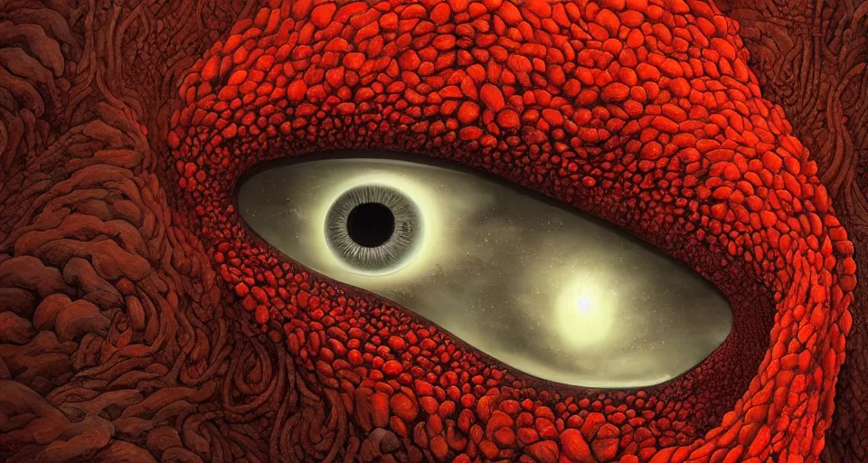 Image similar to a volcano made of ivory vines and crimson rocks enters in eruption, it spits a smoke in the shape of demonic eye, by Naoto Hattori