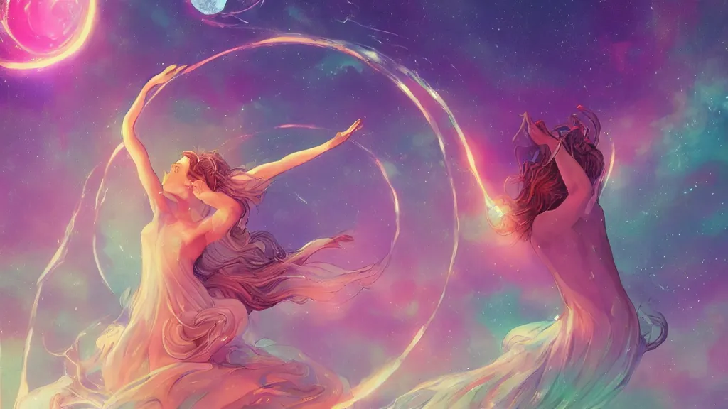 Image similar to a beautiful whimsical goddess floating above a lake basking in the moonlight, casting a spell, underneath a multi-colored binary blackhole with an accretion disc, glowing trails following her arms, acidwave, by Lois van Baarle, by Greg Rutkowski, by artgerm, by beeple, by studio ghibli, cinematic angle, volumetric lighting, 4k resolution, octane render, trending on artstation, masterpiece