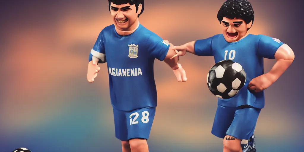 Prompt: funko pop of young thing maradona with big head, argentina t - shirt, smile, no beard, stand with a ball under his left foot, max resolution, high contrast, cinematic, light cinematic, volumetric, realistic, cinematic lighting, octane render, hyper realistic