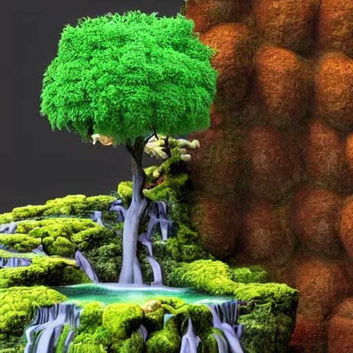 Prompt: a dryad tree spirit atop a floating waterfall. isometric 3d render, landscape reds, greens, yellows