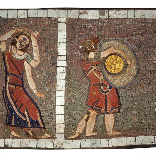 Prompt: an ancient roman mosaic of 2 persons throwing a frisbee