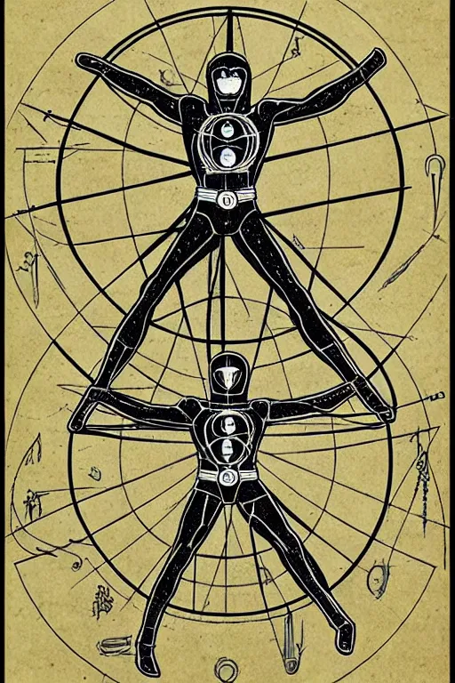 Prompt: super sentai vitruvian man by leonardo da bimco