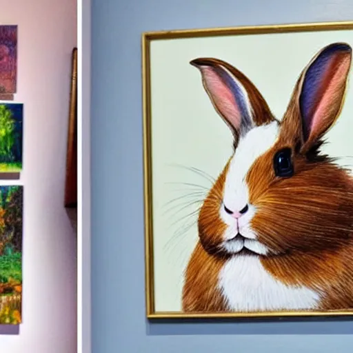 Image similar to a rabbit proudly posing next to a painting of a guinea pig