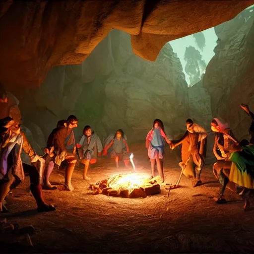 Prompt: medieval villagers dances around a campfire in a cave, colorful crystals everywhere, 4k, 8k, unreal engine, by greg rutkowski, hyper realistic, octane render