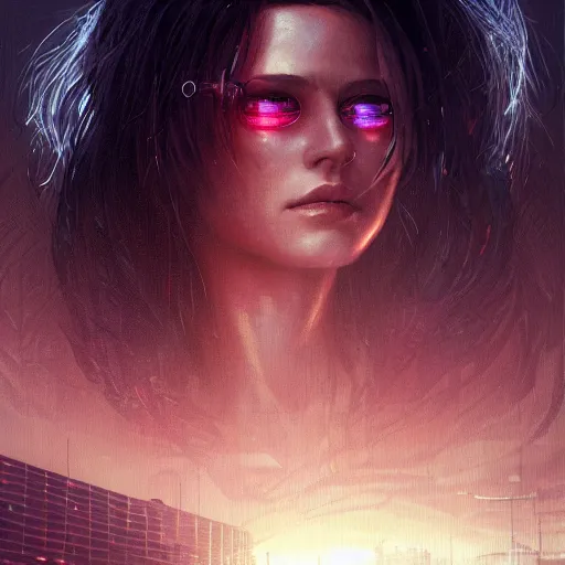 Image similar to neuromancer, closeup portrait of a young beautiful cyberpunk woman, eye implants, sunset, cyberpunk city background, megacity, gorgeous view, depth, painted by seb mckinnon, high detail, digital art, painted by greg rutkowski, trending on artstation