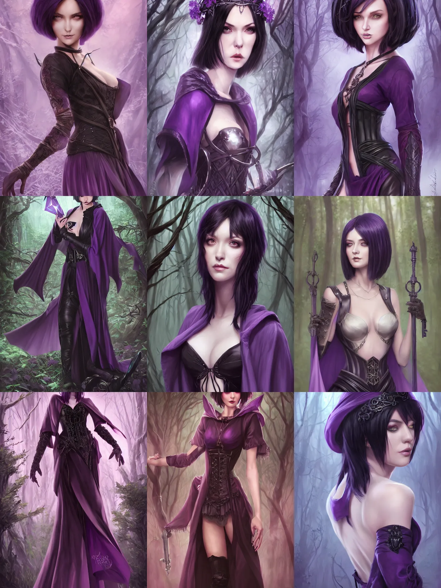 Prompt: full portrait of a dark fantasy female necromancer, skinny, saggy purple robes, pretty, black bob haircut, circlet, corset, finesse, key visual, realistic shaded perfect face, gloom, fine details, forest background, smooth, highly detailed, digital illustration, by artgerm, rossdraws, frank franzzeta