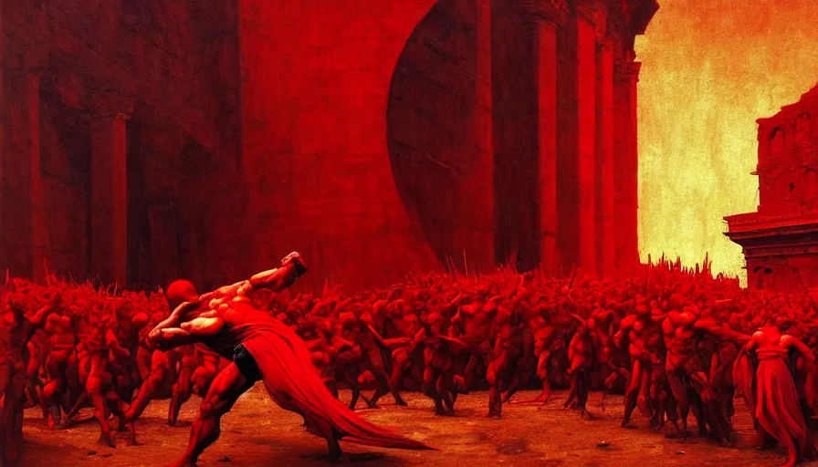 Image similar to only with red, a lightly armored gladiator in a crowded roman amphitheatre, crowd cheering, in the style of beksinski and edward hopper and rodcenko and yue minjun and cory loftis, intricate and epic composition, red by caravaggio, highly detailed, masterpiece, red light, artstation, art nouveau