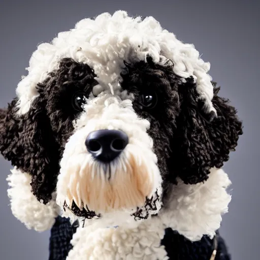 Image similar to a closeup photorealistic photograph of a cute smiling knitted bernedoodle judge dog dressed in a black gown, presiding over the courthouse. indoor image, professional capture, well lit shot. this 4 k hd image is trending on artstation, featured on behance, well - rendered, extra crisp, features intricate detail, epic composition and the style of unreal engine.