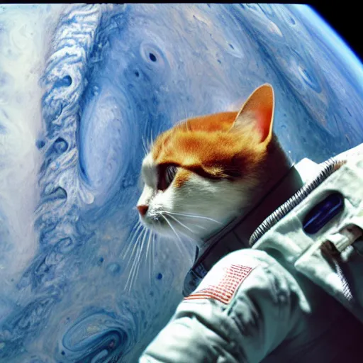 Image similar to cat with astronaut suit flying over the jupiter, photo