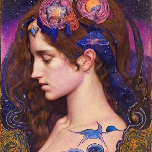 Prompt: queen of the moon with stars in her hair, by annie swynnerton and tino rodriguez and nicholas roerich and jean delville and donato giancola and tom bagshaw and evelyn demorgan and diego rivera, dramatic lighting, floral tattoos, rich colors, smooth sharp focus, extremely detailed, adolf wolfli