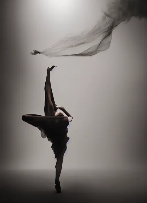 Image similar to a Photorealistic dramatic hyperrealistic render of a glamorous beautiful Female smoke dancer by Ken Brower and Deborah Ory of NYC Dance project,Lois Greenfield,Flowing cloth and smoke,Beautiful dynamic dramatic dark moody lighting,volumetric,shadows,cinematic atmosphere,Octane render,8K