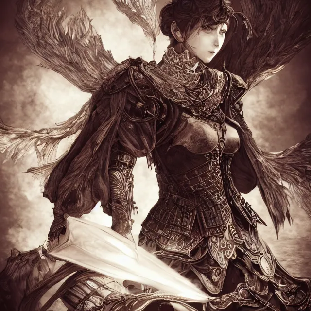 Image similar to the portrait of neutral evil fallen female knight vagabond as absurdly beautiful, gorgeous, elegant, sophisticated, woman, an ultrafine hyperdetailed illustration by kim jung gi, irakli nadar, intricate linework, bright colors, octopath traveler, final fantasy, unreal engine 5 highly rendered, global illumination, radiant light, detailed and intricate environment