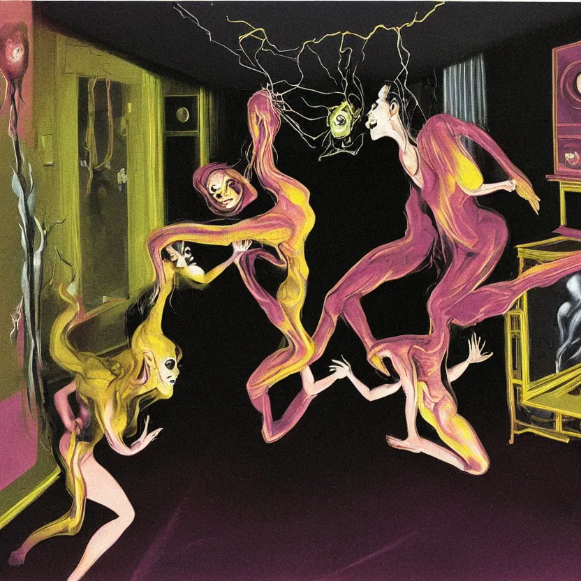 Image similar to Closeup of a man and woman start to bounce in a living room of a house, floating dark energy surrounds the middle of the room. There is one living room plant to the side of the room, one surrounded by a background of dark cyber mystic alchemical transmutation heavenless realm, dark art, cover artwork by francis bacon and Jenny seville, midnight hour, part by adrian ghenie, part by jeffrey smith, part by josan gonzales, part by norman rockwell, part by phil hale, part by kim dorland, artstation, highly detailed