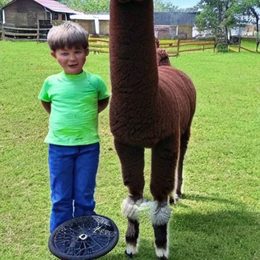 Image similar to a childrens drawing of an alpaca on an unicycle