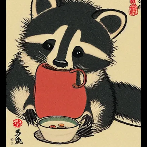 Image similar to little raccoon sitting by a cozy fireplace with a cup of tea. warm color temperature. ukiyo - e,