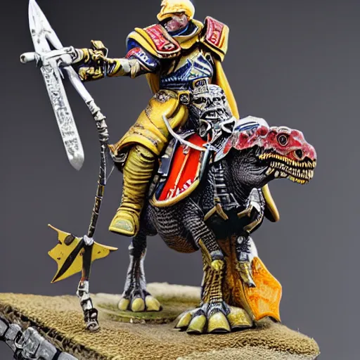 Prompt: 8 0 mm resin detailed miniature of a warhammer 4 0 k the pope riding a dinosaur, product introduction photos, 4 k, full body, hyper detailed,