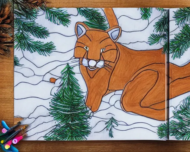 Image similar to colouring book showing 'a cougar sleeping in the middle of snowy pine tree' laying on coffee table, zoomed out shot, HD, iphone capture